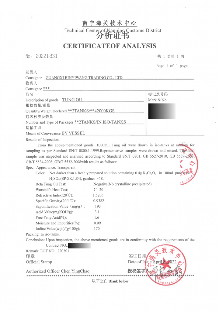 Tung Oil COA, Certificate of Analysis